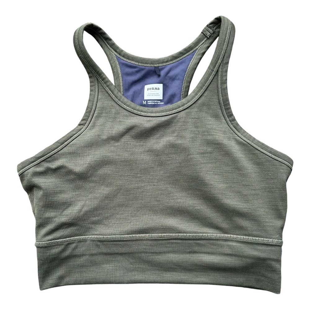 PrAna Sports Bra Athleisure Active Ribbed High Neck Racerback Olive Green Medium